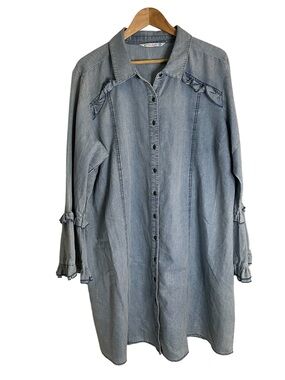 Given Kale Washed Light Blue Denim Shirt Dress with Ruffle Trim Size 2X